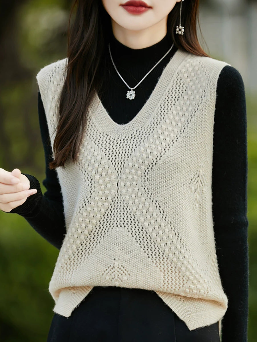 Women Autumn Casual Pure Color V-Neck Knitted Vest
