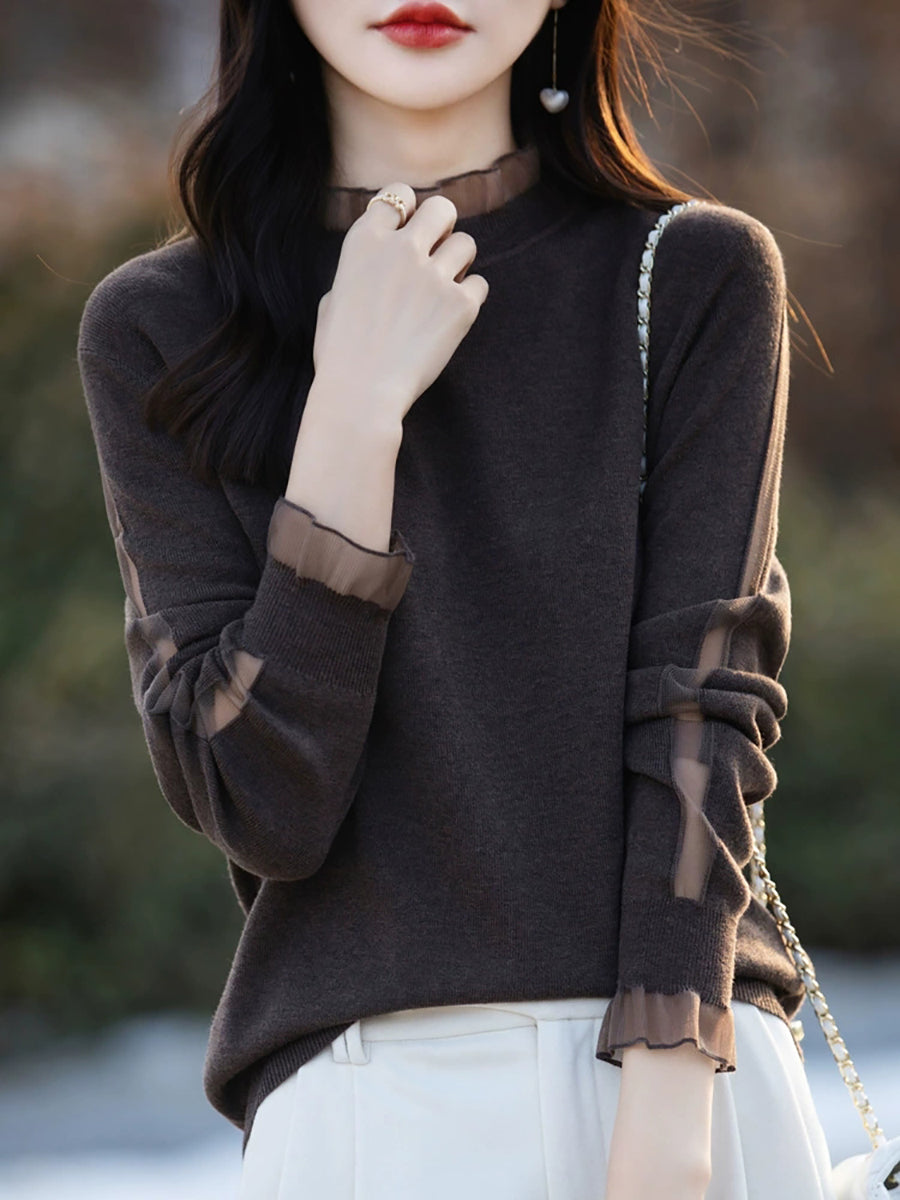 Women Autumn Artsy Lace Spliced Knitted Sweater