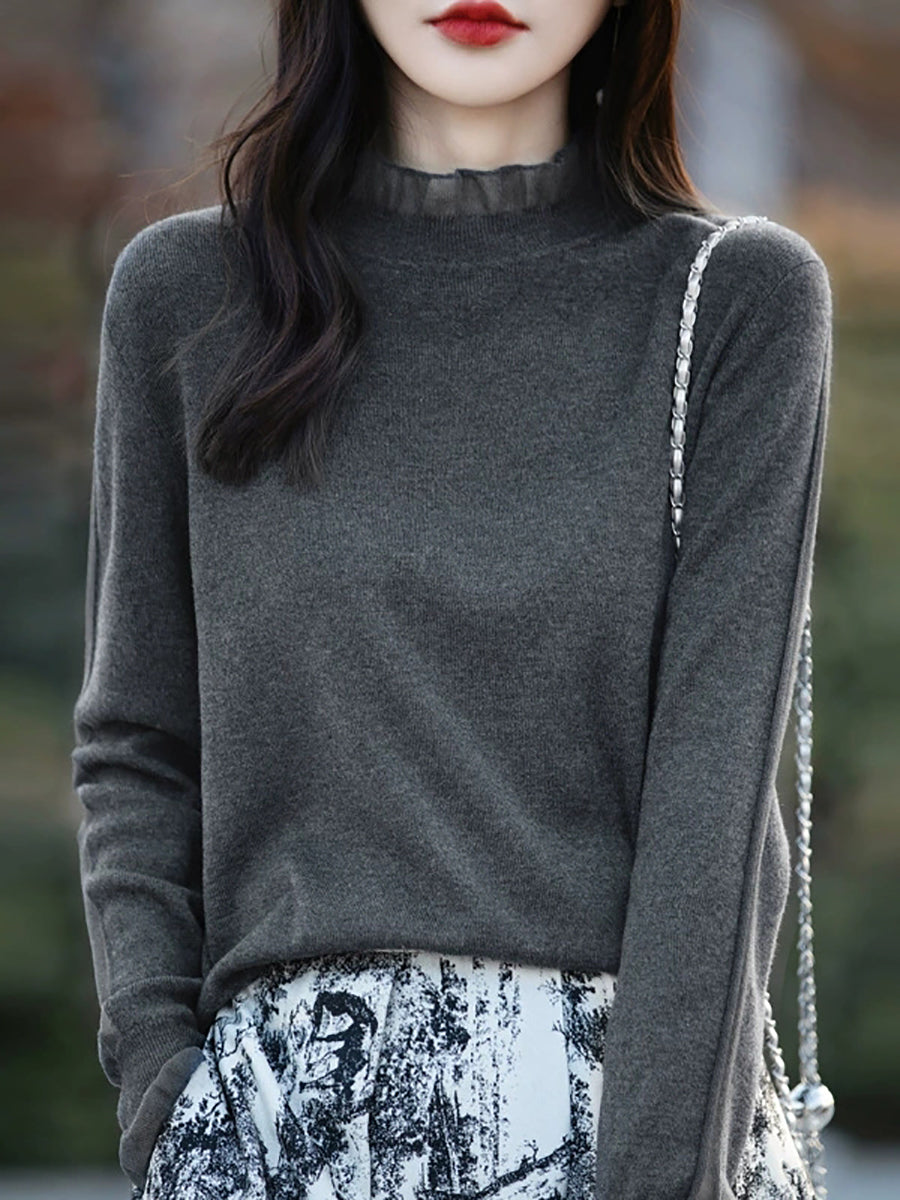 Women Autumn Artsy Lace Spliced Knitted Sweater