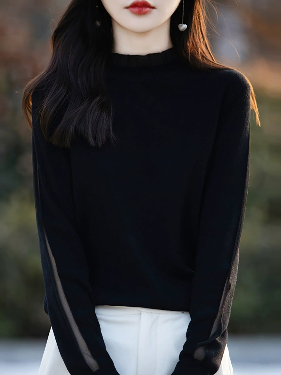 Women Autumn Artsy Lace Spliced Knitted Sweater