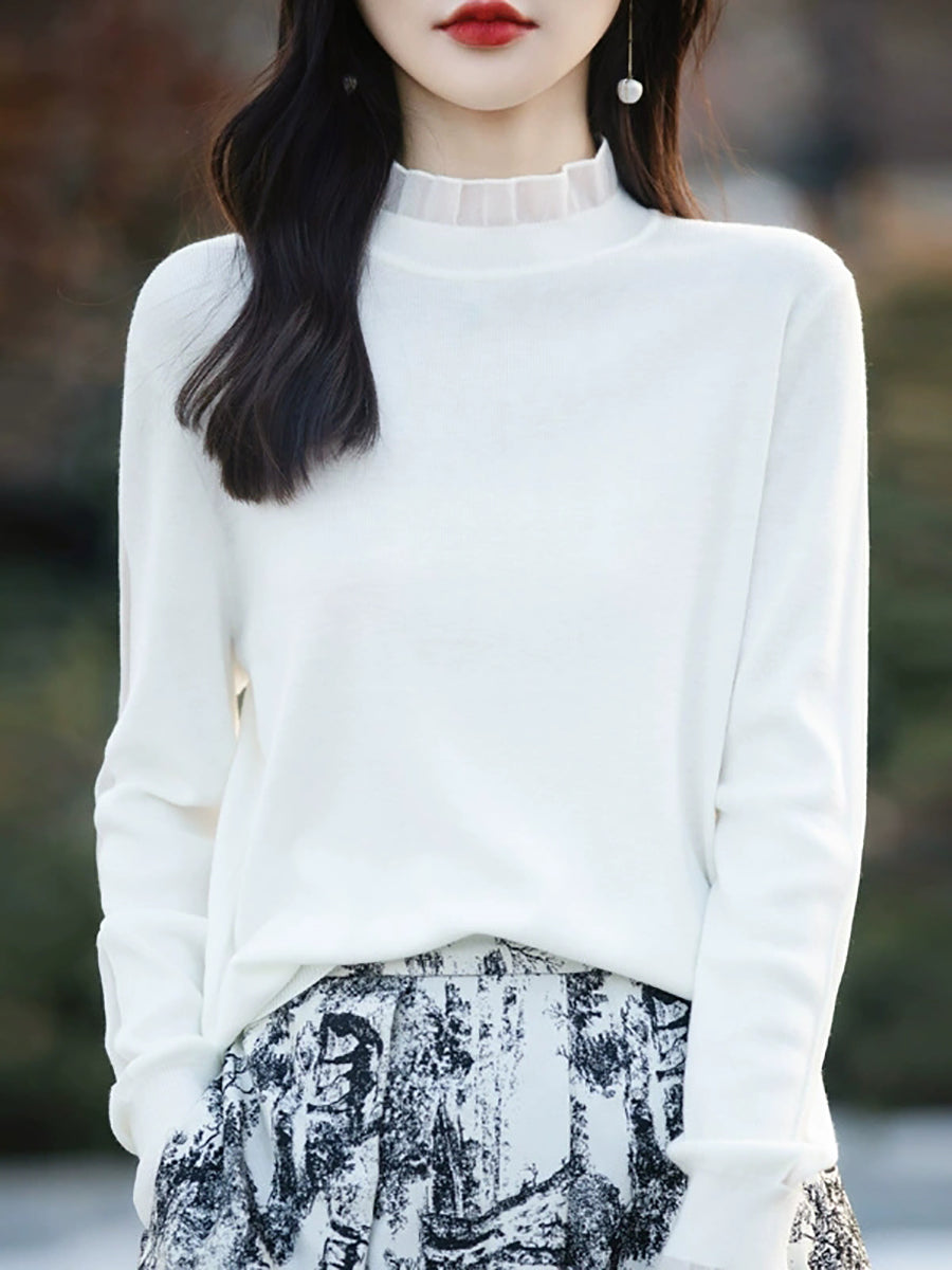 Women Autumn Artsy Lace Spliced Knitted Sweater