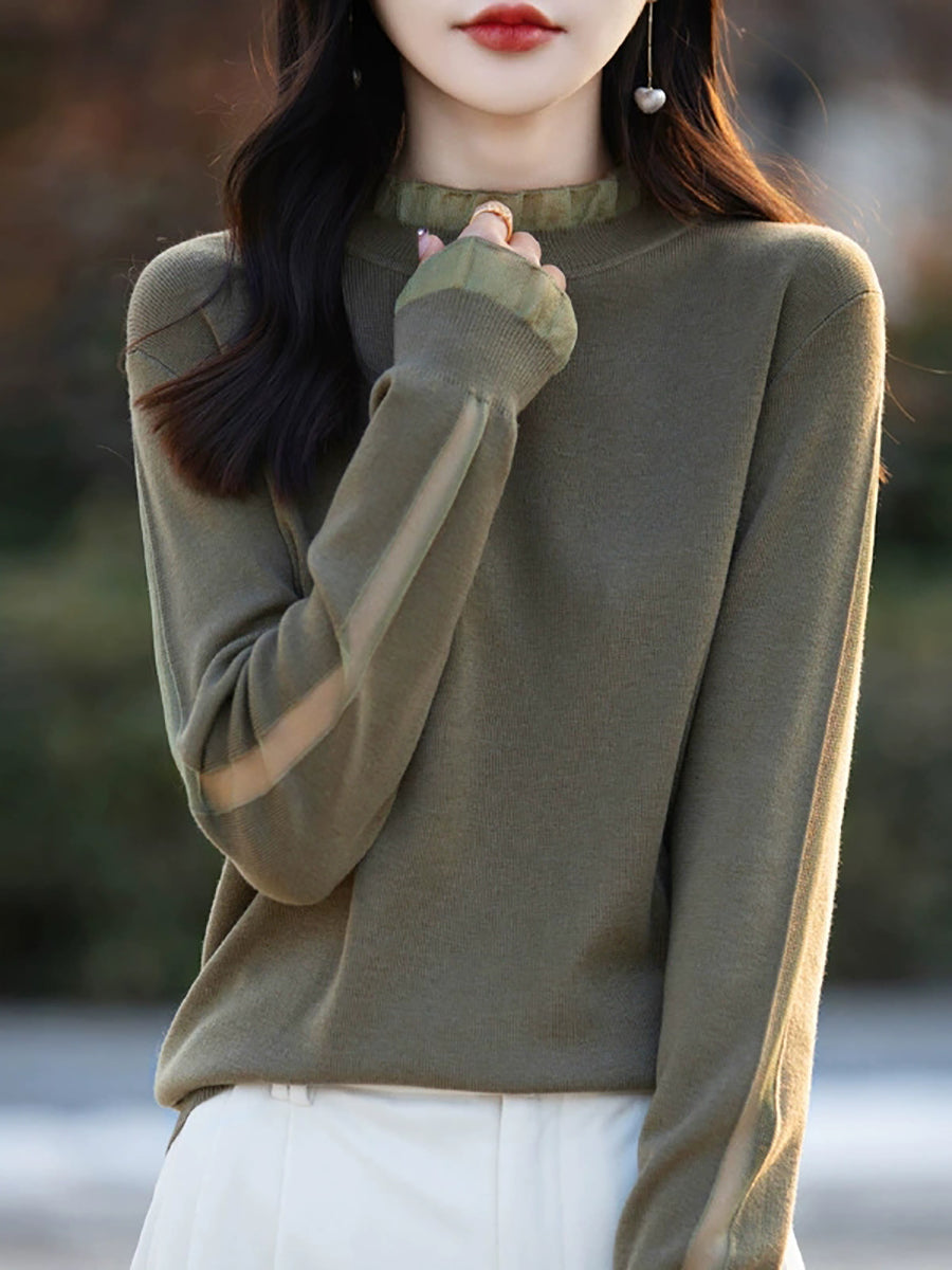 Women Autumn Artsy Lace Spliced Knitted Sweater