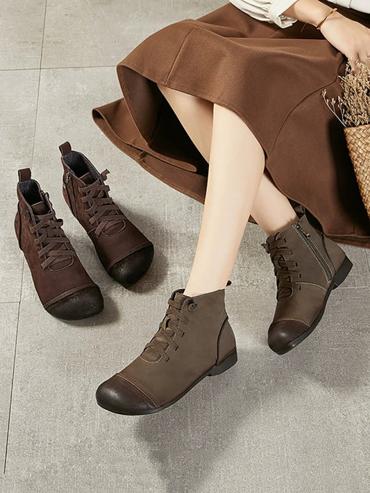 Women Vintage Genuine Leather Spliced Ankle Boots