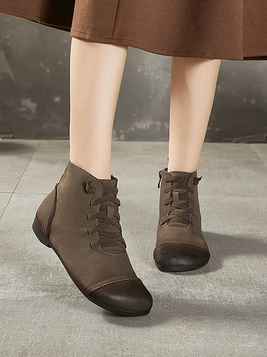 Women Vintage Genuine Leather Spliced Ankle Boots
