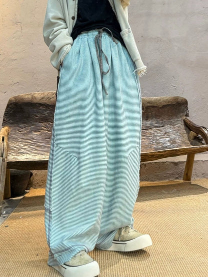 Women Autumn Casual Stripe Cotton Wide-leg Pants