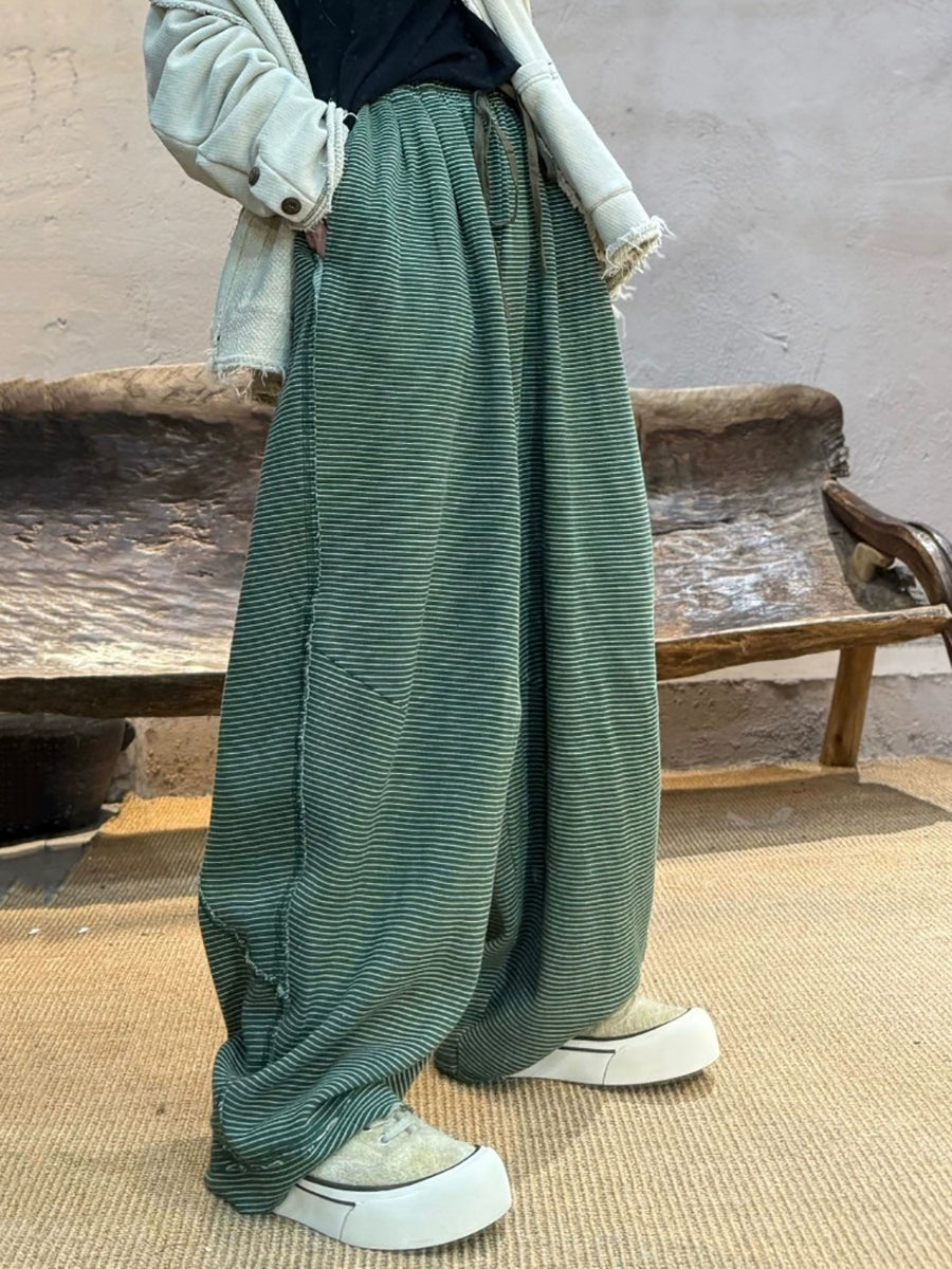 Women Autumn Casual Stripe Cotton Wide-leg Pants