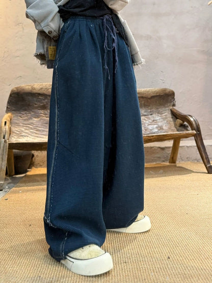 Women Autumn Casual Stripe Cotton Wide-leg Pants