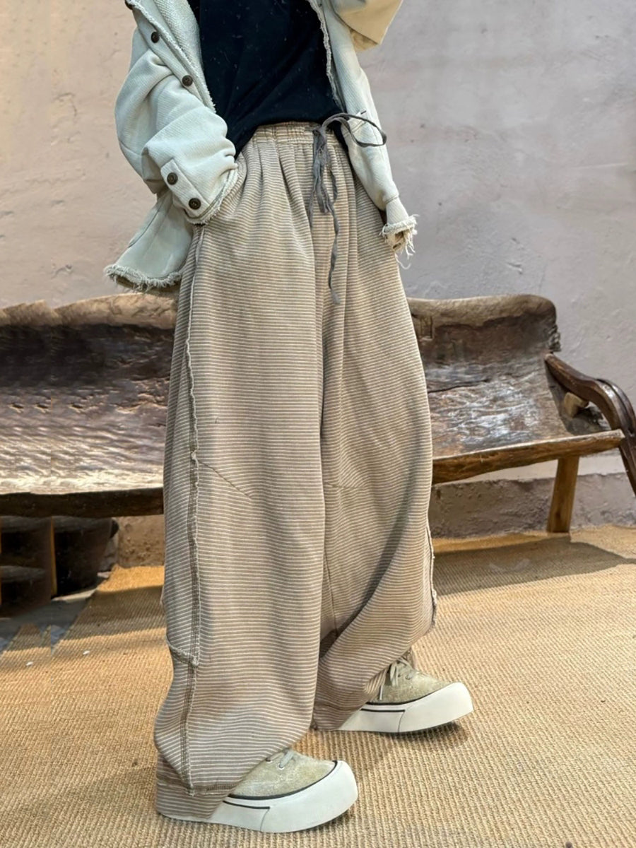Women Autumn Casual Stripe Cotton Wide-leg Pants
