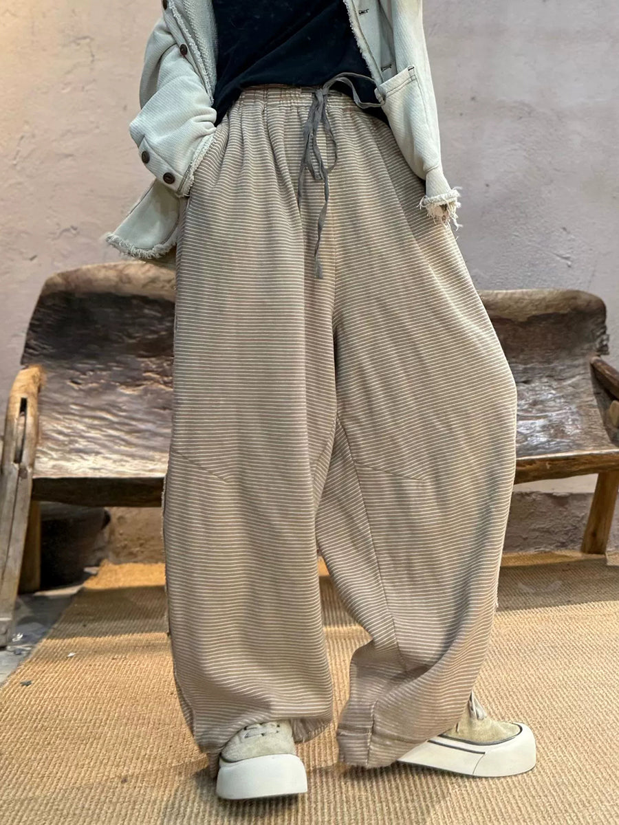 Women Autumn Casual Stripe Cotton Wide-leg Pants