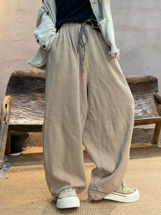 Women Autumn Casual Stripe Cotton Wide-leg Pants