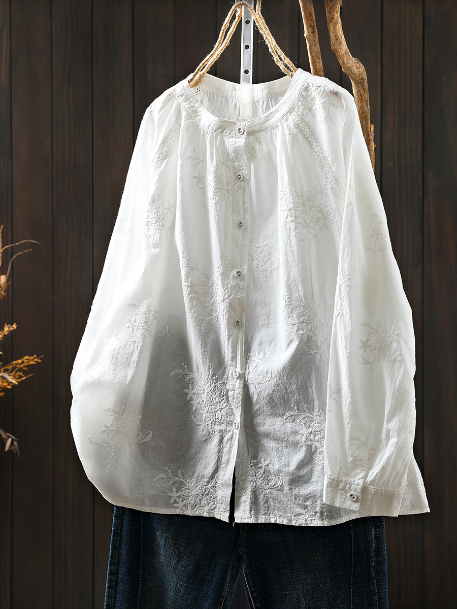 Women Artsy Autumn Embroidery 100%Cotton Shirt