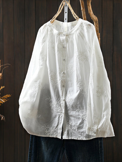 Women Artsy Autumn Embroidery 100%Cotton Shirt