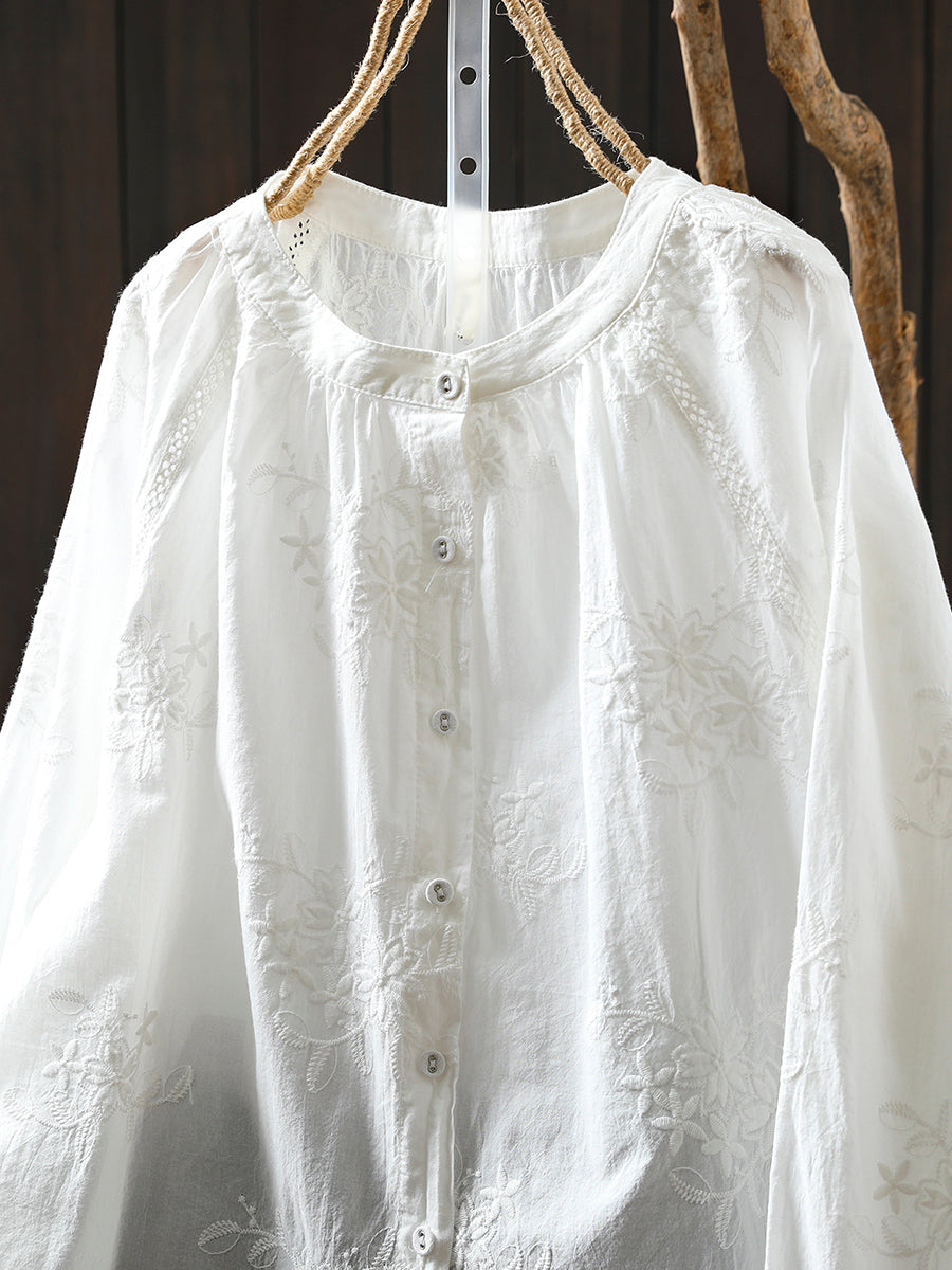 Women Artsy Autumn Embroidery 100%Cotton Shirt