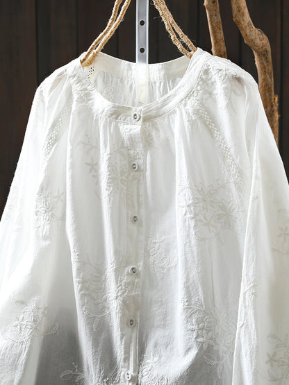 Women Artsy Autumn Embroidery 100%Cotton Shirt