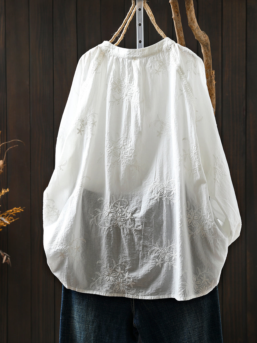 Women Artsy Autumn Embroidery 100%Cotton Shirt