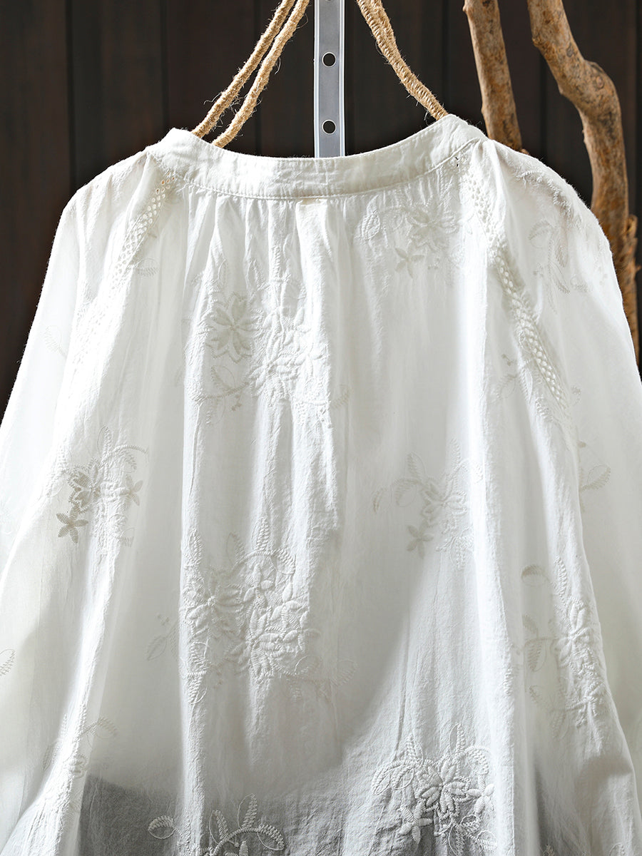 Women Artsy Autumn Embroidery 100%Cotton Shirt