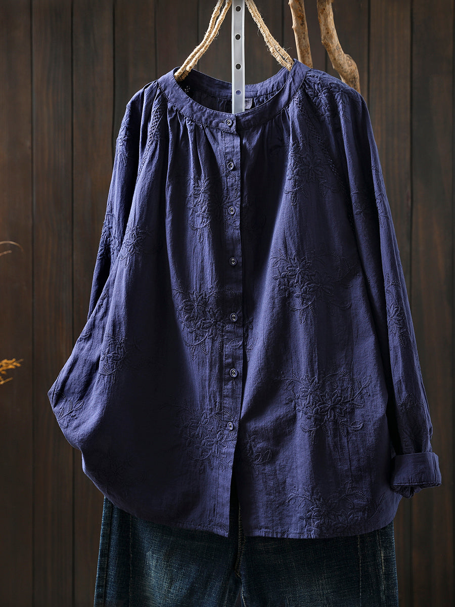 Women Artsy Autumn Embroidery 100%Cotton Shirt