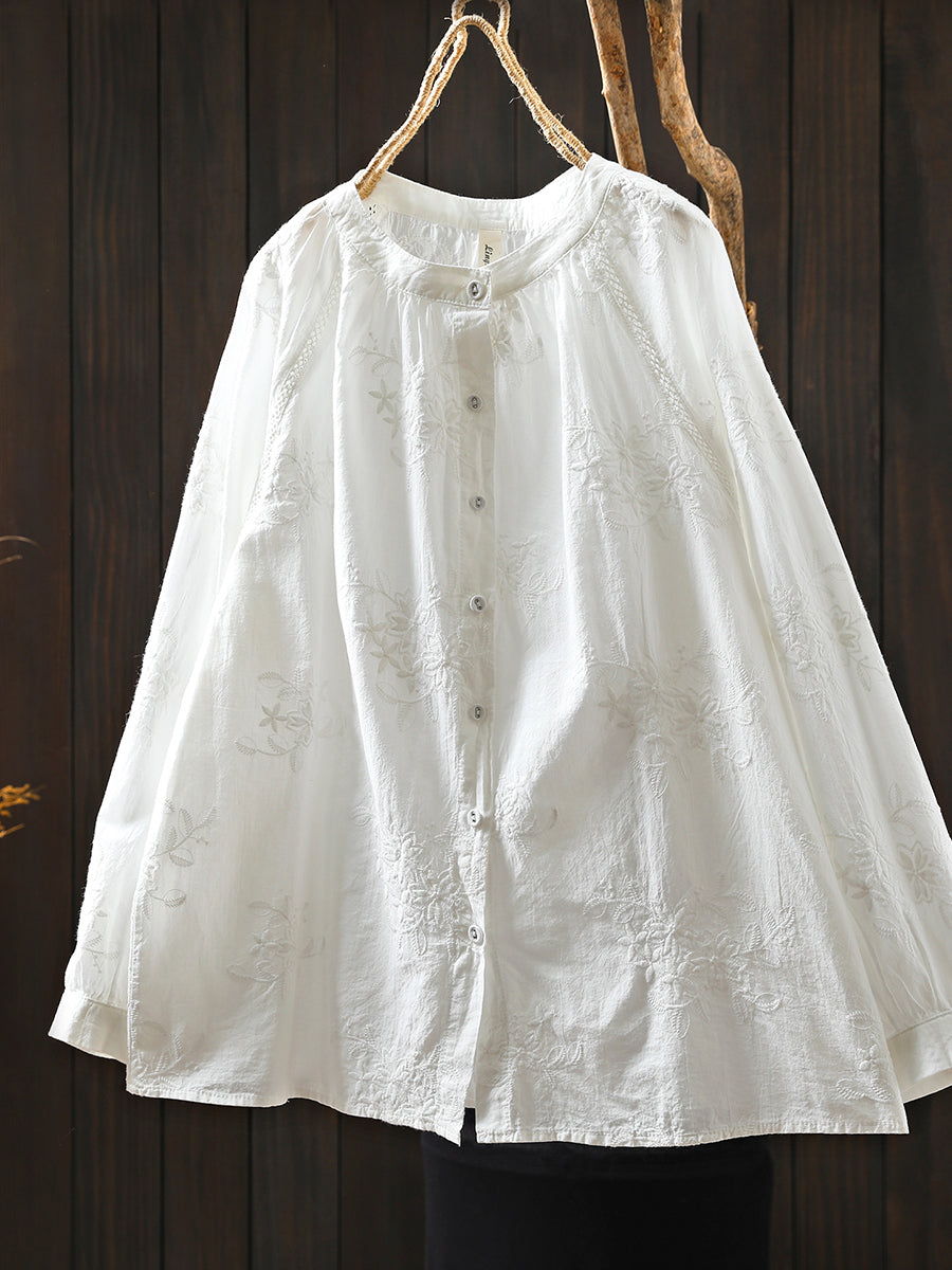 Women Artsy Autumn Embroidery 100%Cotton Shirt