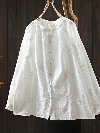 Women Artsy Autumn Embroidery 100%Cotton Shirt