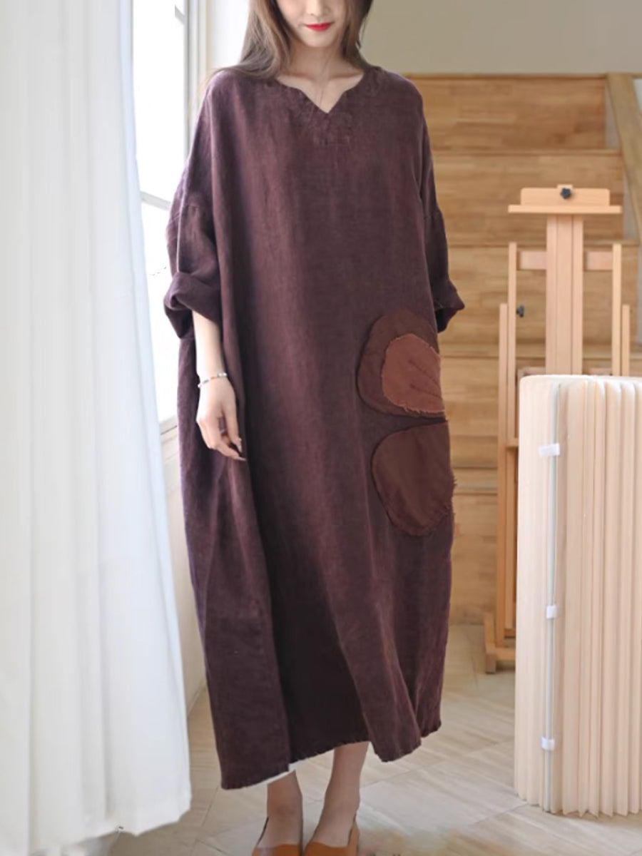 Women Summer Vintage Patch V-Neck 100%Linen Dress