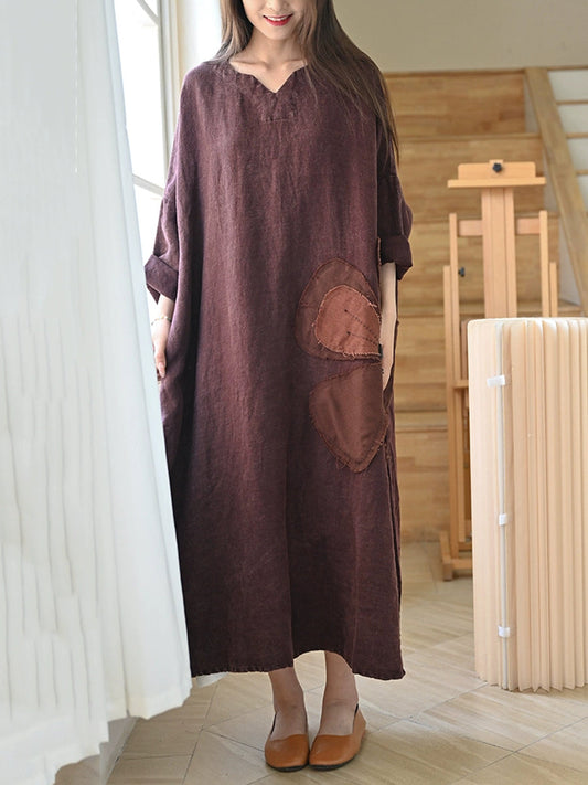 Women Summer Vintage Patch V-Neck 100%Linen Dress