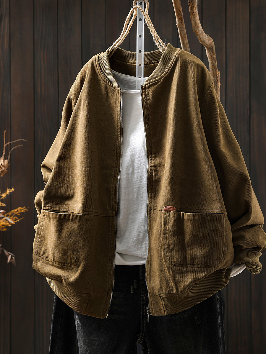 Women Autumn Pure Color 100%Cotton Stand Collar Jacket