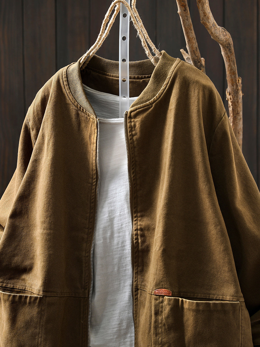 Women Autumn Pure Color 100%Cotton Stand Collar Jacket