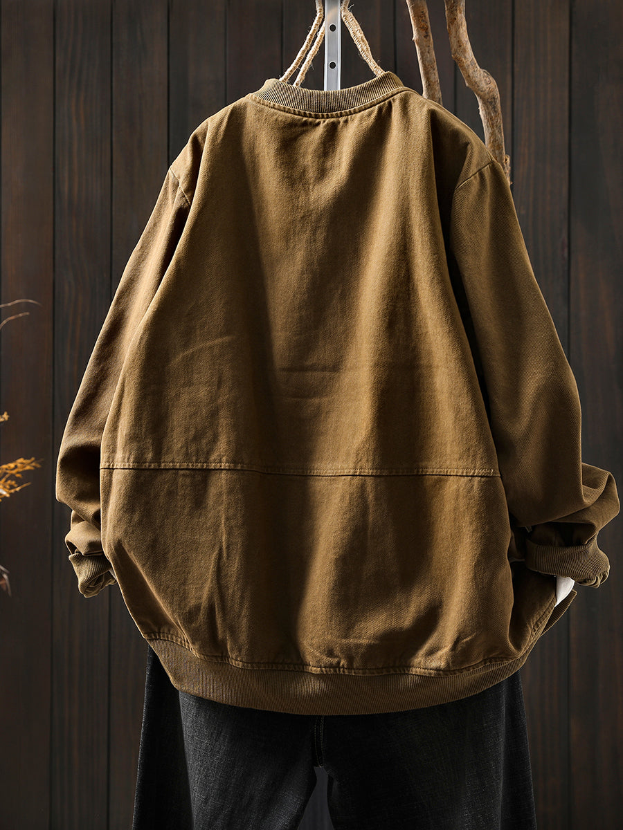 Women Autumn Pure Color 100%Cotton Stand Collar Jacket