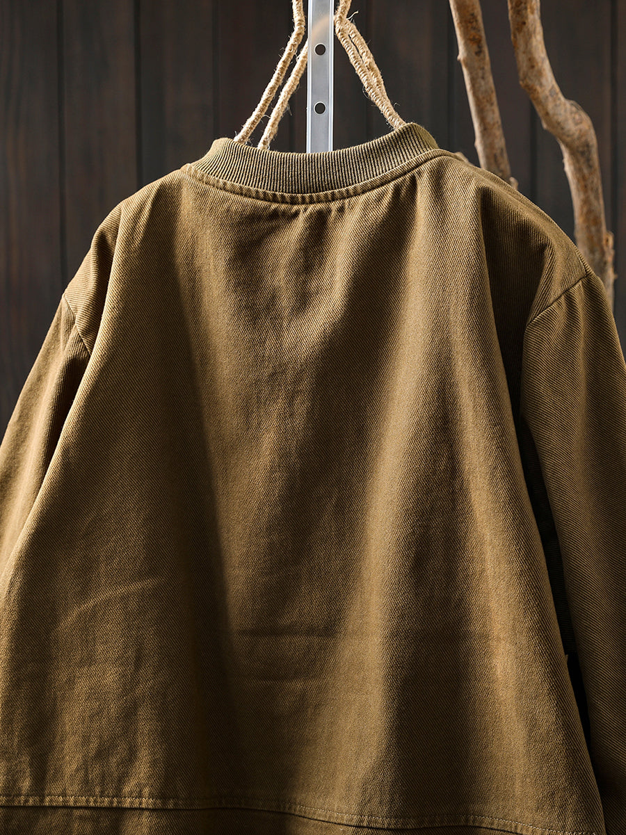 Women Autumn Pure Color 100%Cotton Stand Collar Jacket