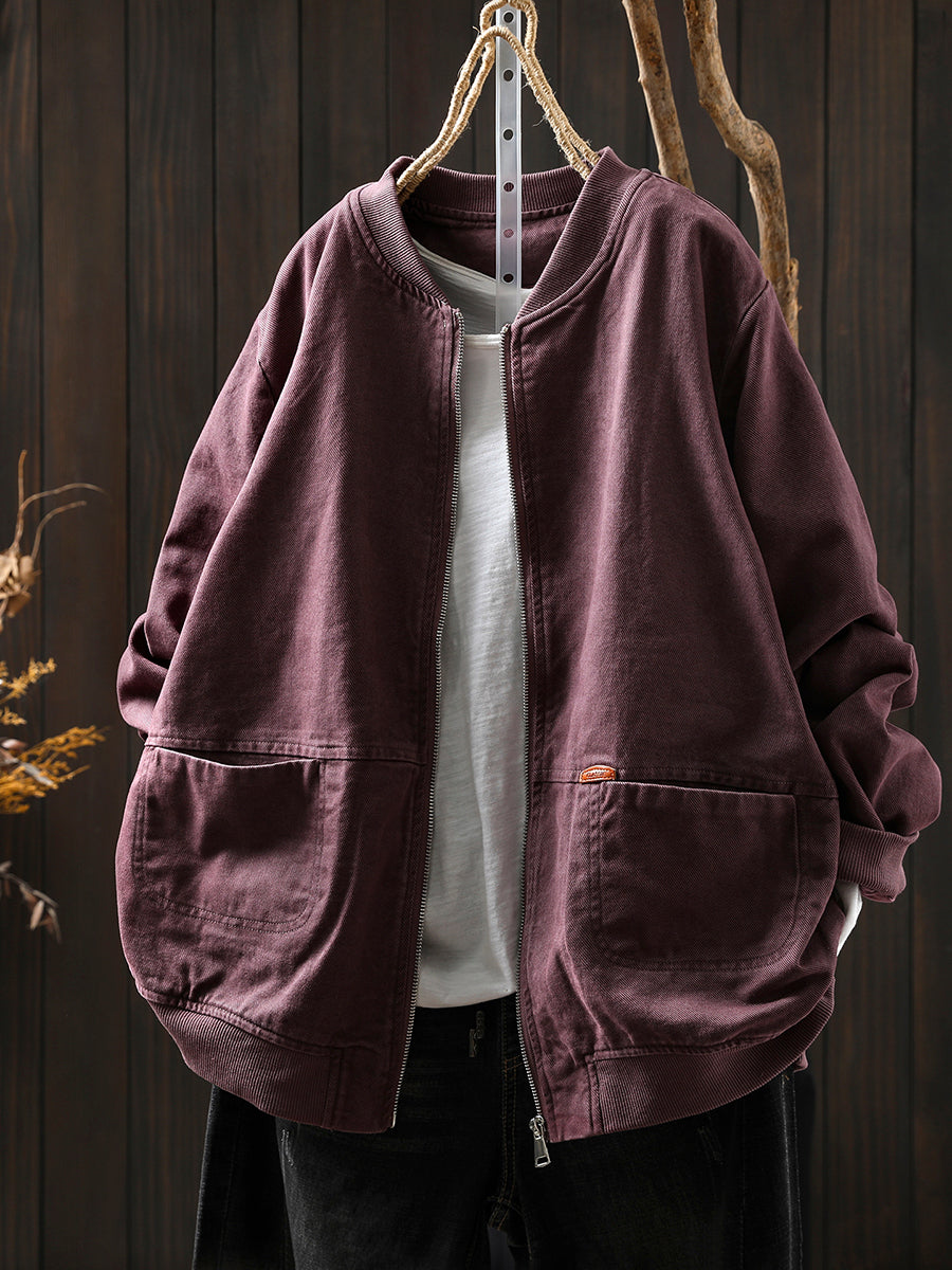 Women Autumn Pure Color 100%Cotton Stand Collar Jacket