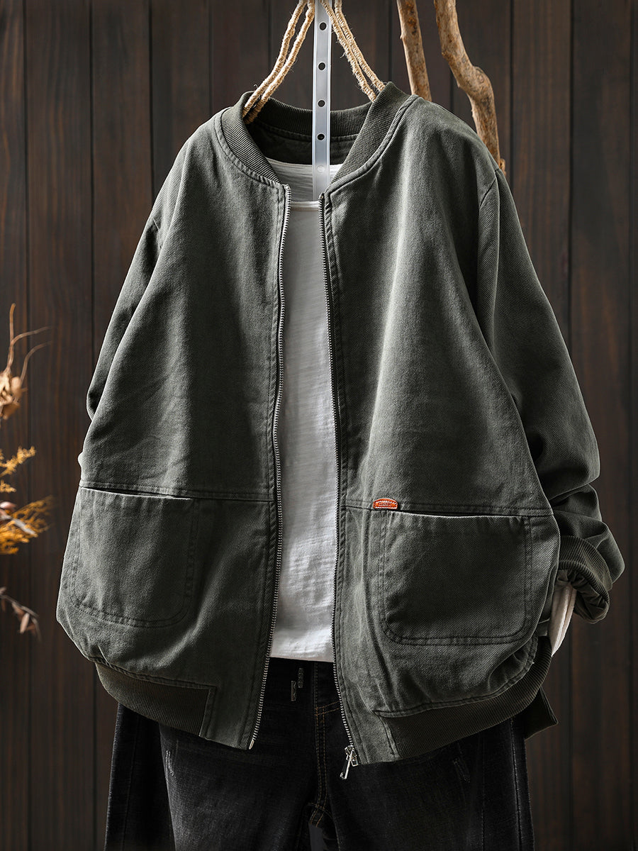 Women Autumn Pure Color 100%Cotton Stand Collar Jacket