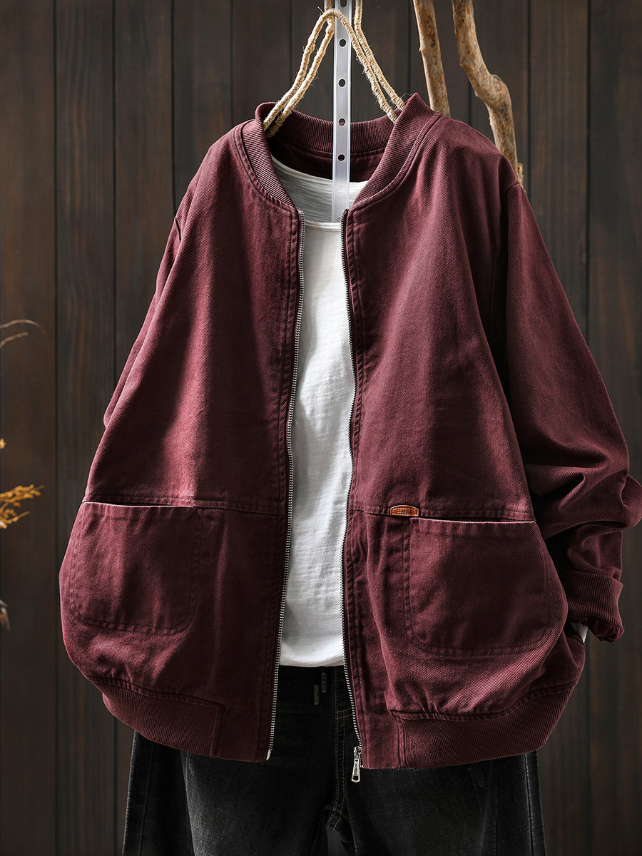 Women Autumn Pure Color 100%Cotton Stand Collar Jacket