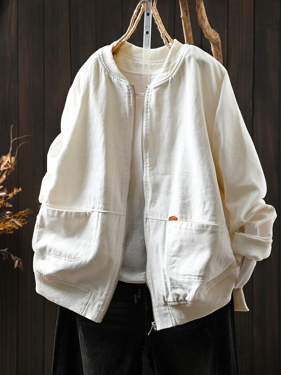 Women Autumn Pure Color 100%Cotton Stand Collar Jacket