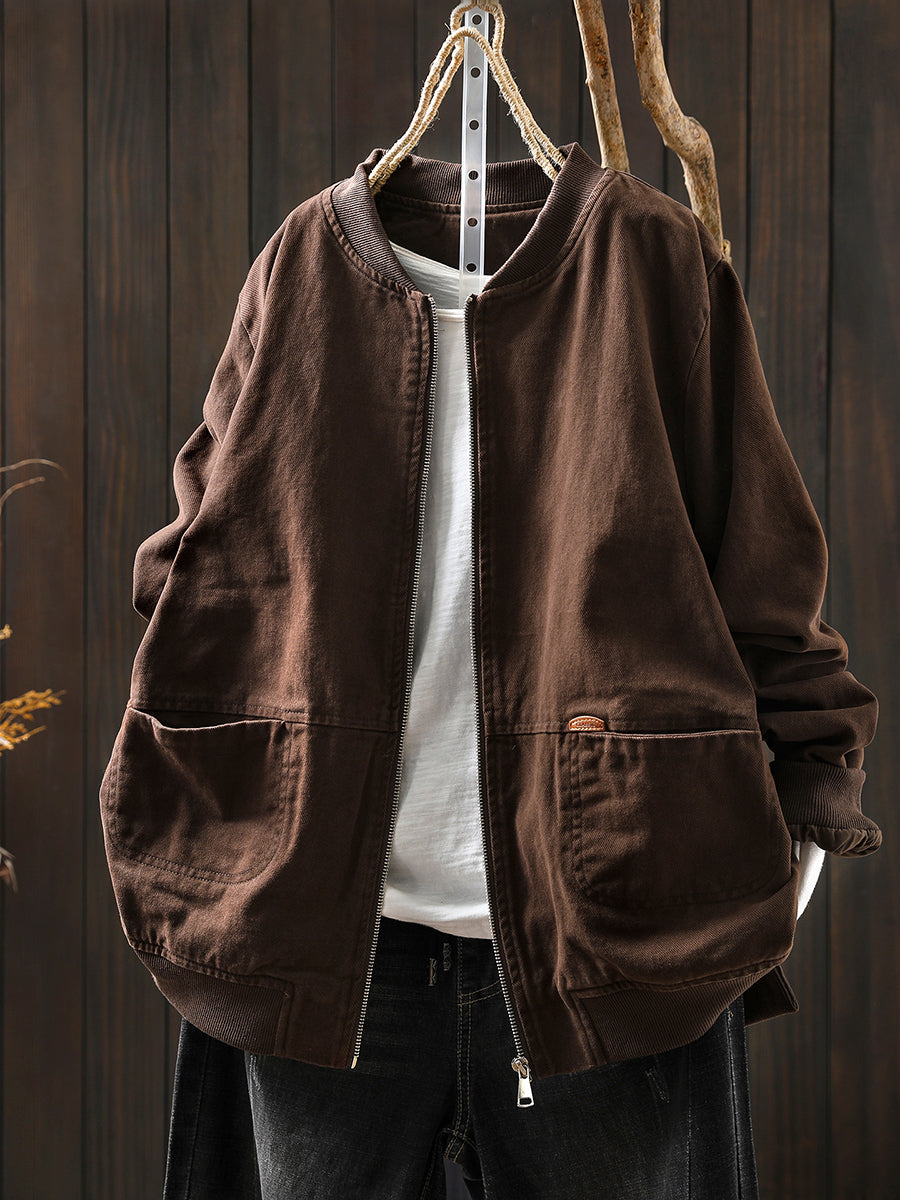 Women Autumn Pure Color 100%Cotton Stand Collar Jacket