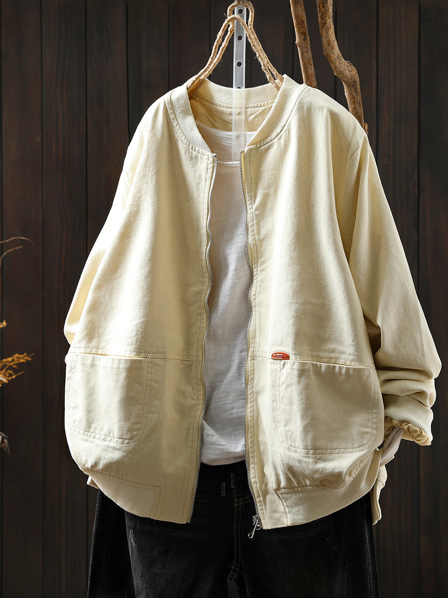 Women Autumn Pure Color 100%Cotton Stand Collar Jacket