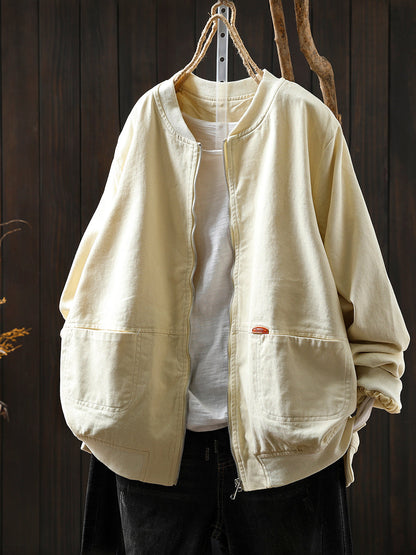 Women Autumn Pure Color 100%Cotton Stand Collar Jacket