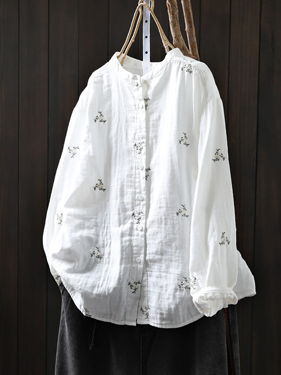 Women Autumn Flower Embroidery 100%Cotton Shirt