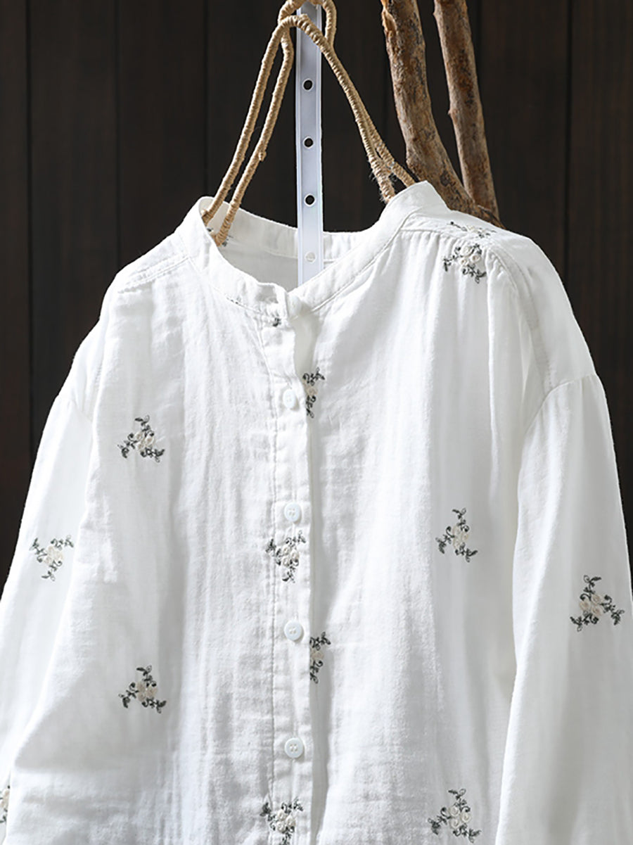 Women Autumn Flower Embroidery 100%Cotton Shirt