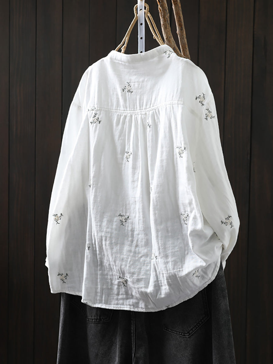 Women Autumn Flower Embroidery 100%Cotton Shirt