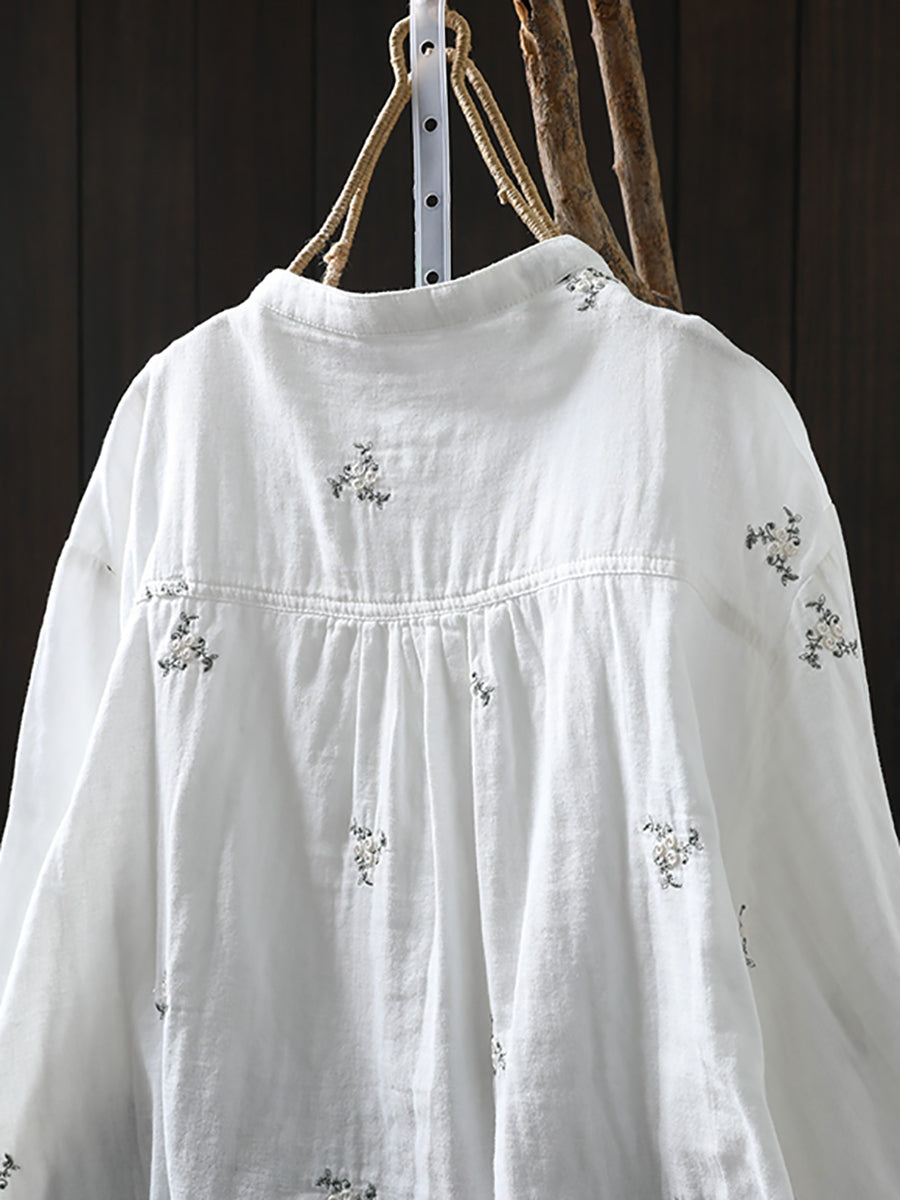 Women Autumn Flower Embroidery 100%Cotton Shirt
