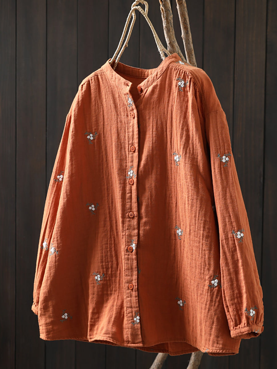 Women Autumn Flower Embroidery 100%Cotton Shirt