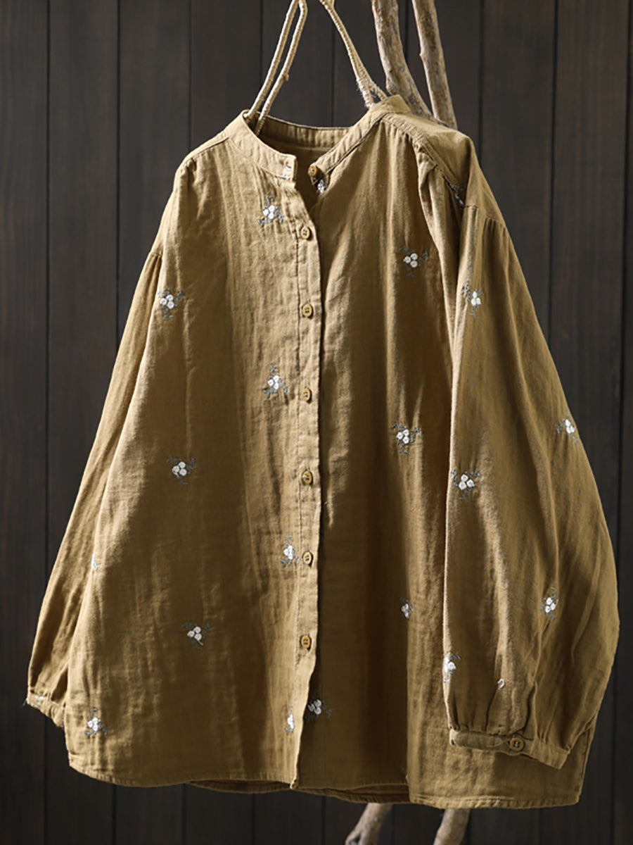 Women Autumn Flower Embroidery 100%Cotton Shirt