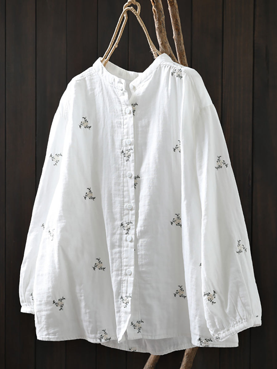 Women Autumn Flower Embroidery 100%Cotton Shirt