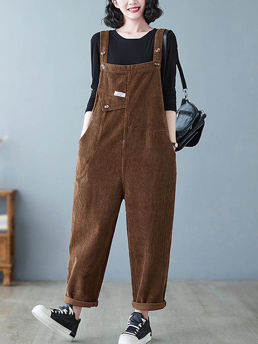 Women Autumn Retro Pure Color Corduroy Jumpsuits