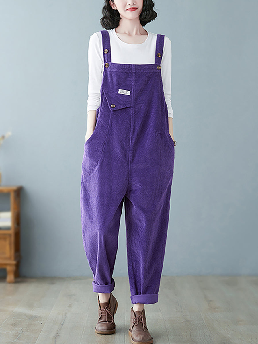Women Autumn Retro Pure Color Corduroy Jumpsuits