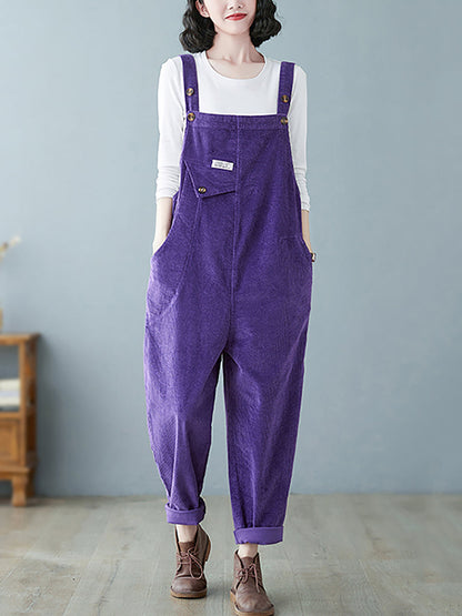 Women Autumn Retro Pure Color Corduroy Jumpsuits