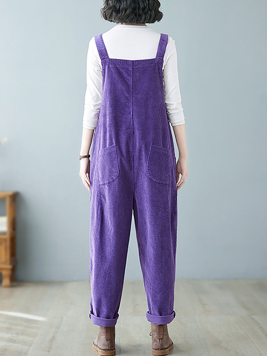 Women Autumn Retro Pure Color Corduroy Jumpsuits