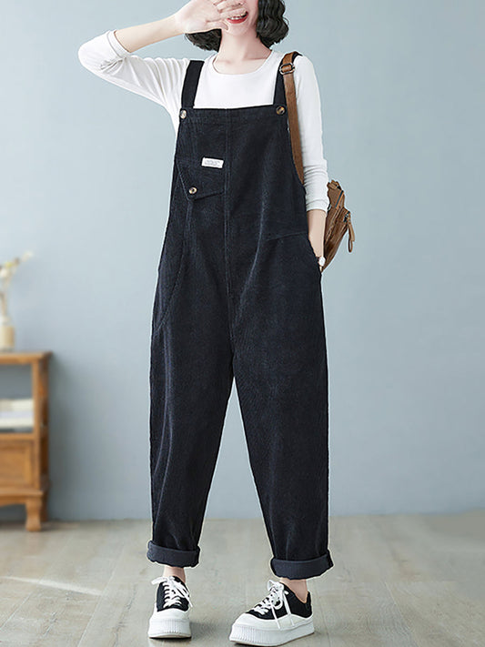 Women Autumn Retro Pure Color Corduroy Jumpsuits