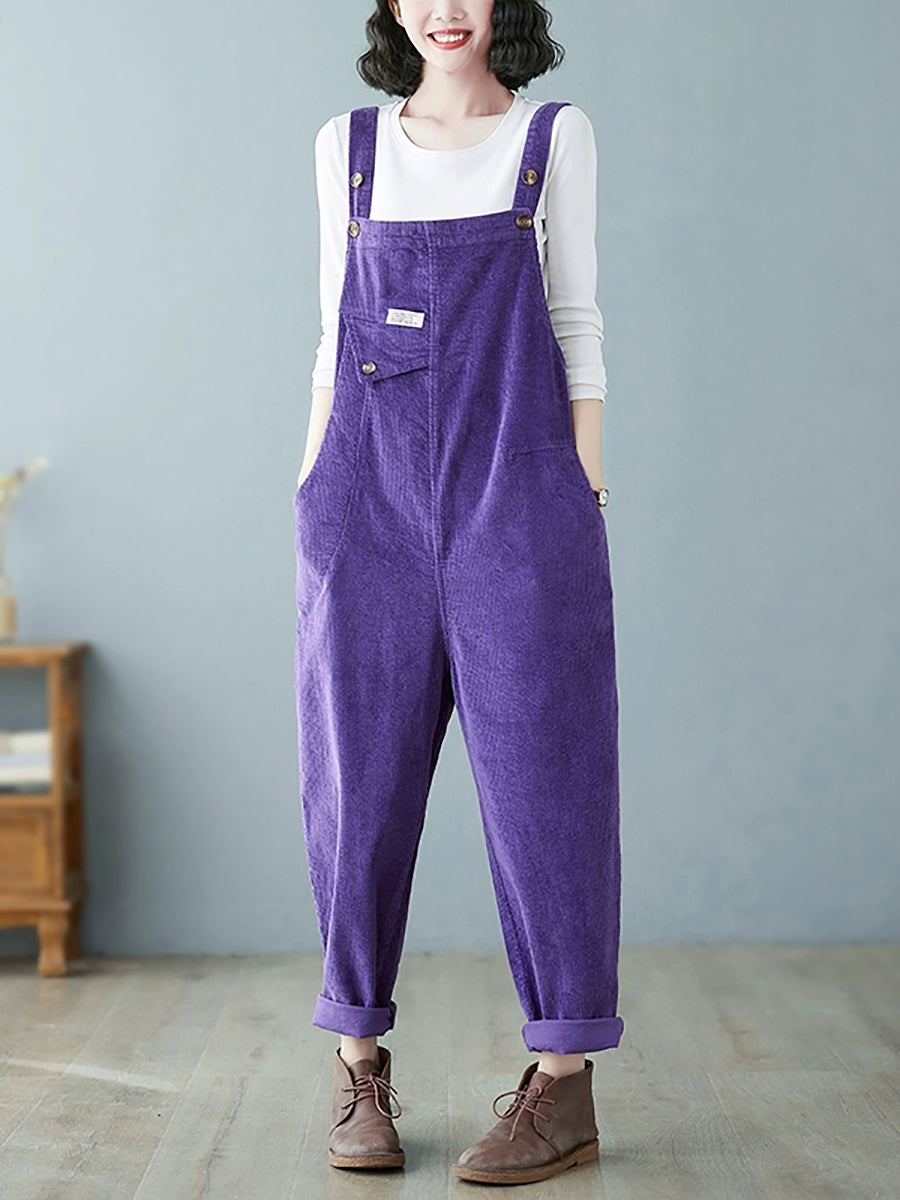 Women Autumn Retro Pure Color Corduroy Jumpsuits