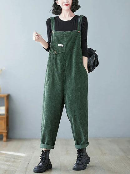 Women Autumn Retro Pure Color Corduroy Jumpsuits